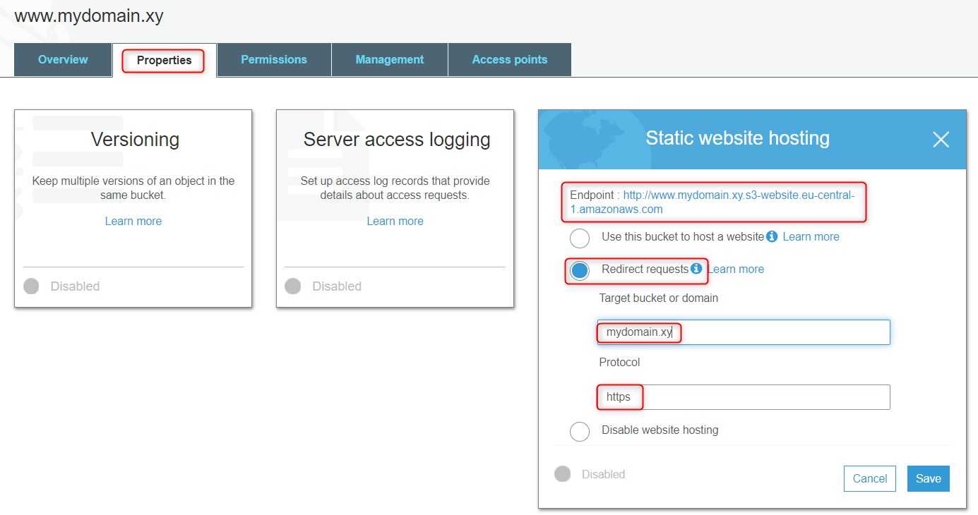 Static website hosting in S3 bucket for redirect