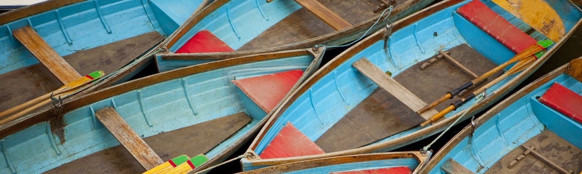 Colorful boats on a lake.