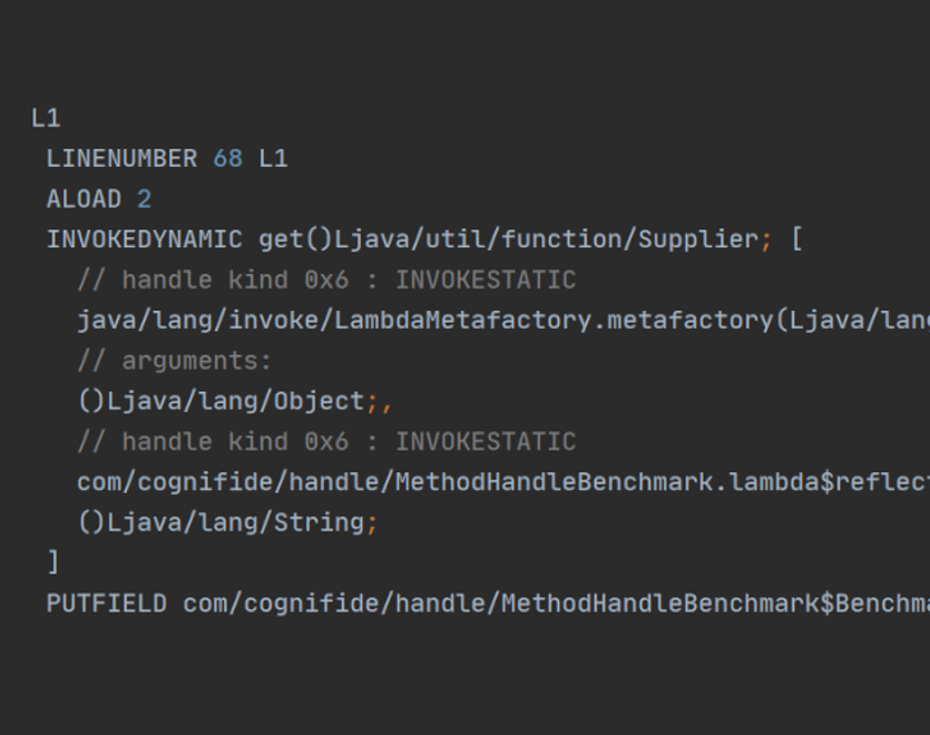Bytecode listing with invokedynamic instruction generated for a lambda expression