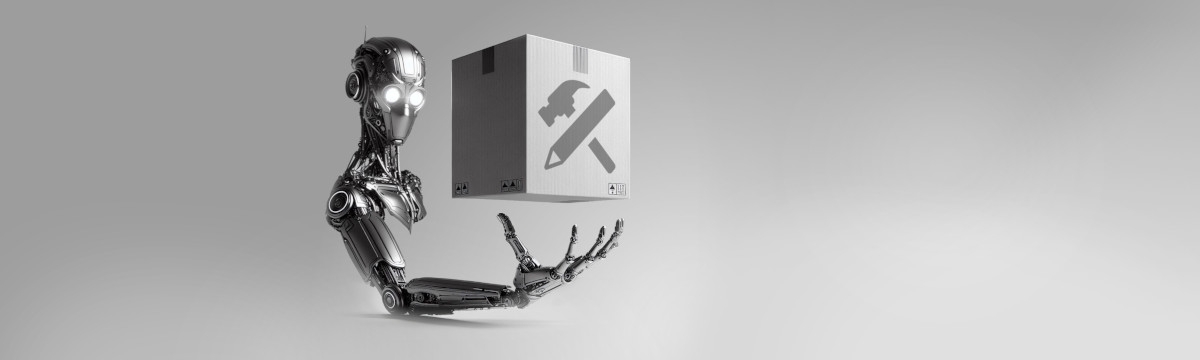 A robot holding a package in its outstretched hand. The package has the same icon printed on it that accompanies the AEMaaCS SDK download in Adobe's Software Distribution portal