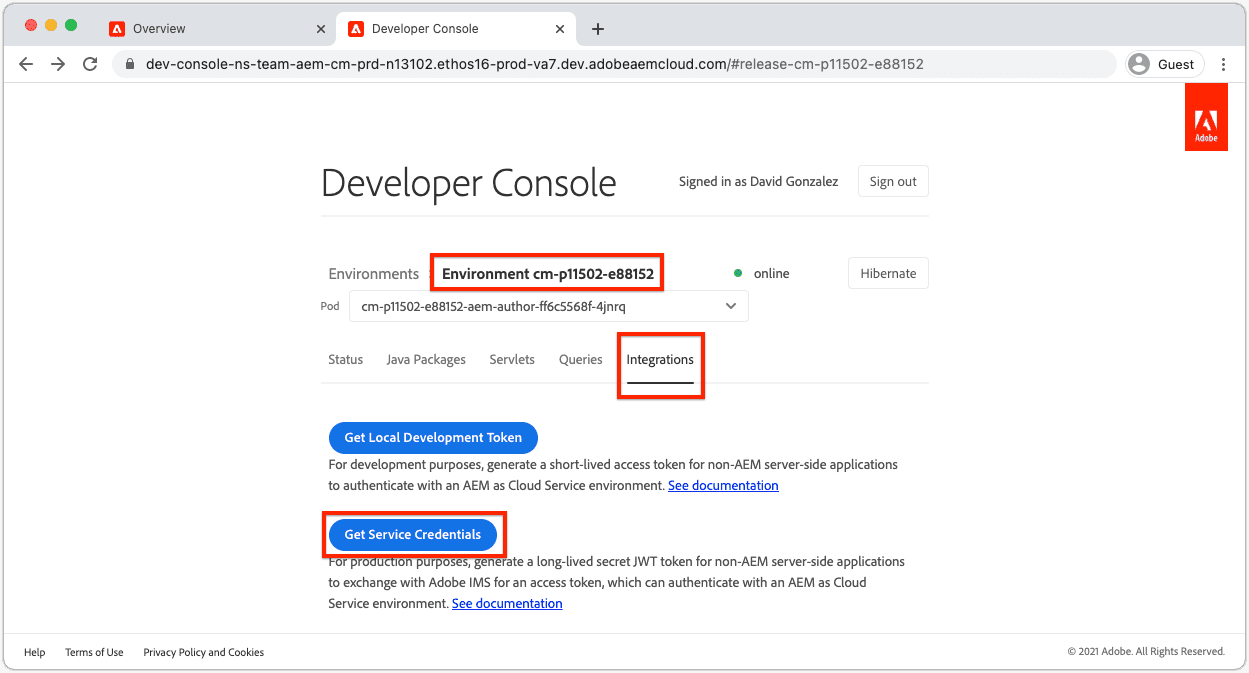 Adobe cloud Developer Console, for a selected environment and pod, in the Integrations tab, the "Get Service Credentials" can be used to download the JSON file.
