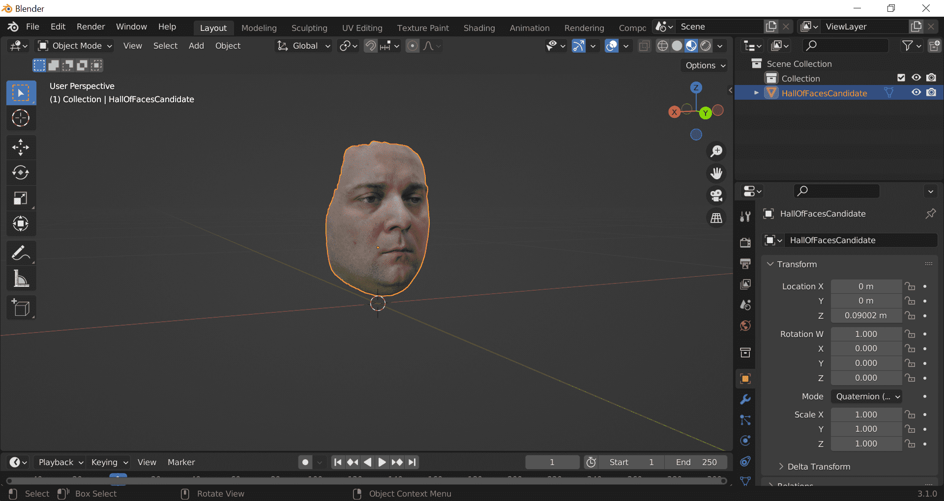 Photo from Blender software picturing an end result of a 3D scan cleanup. The only part remaining is the face, which looks like a mask suspended in space.