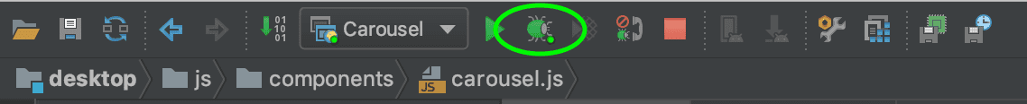 IntelliJ toolbar highlighting the debug icon