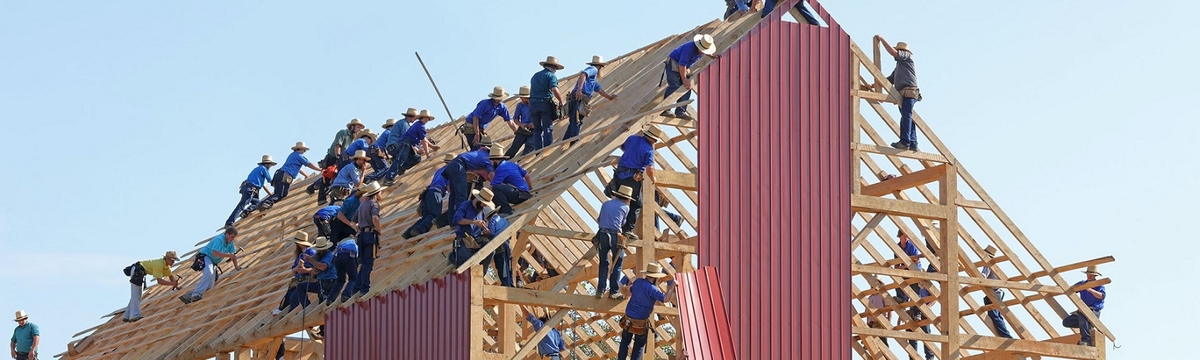 A group of people building a home together