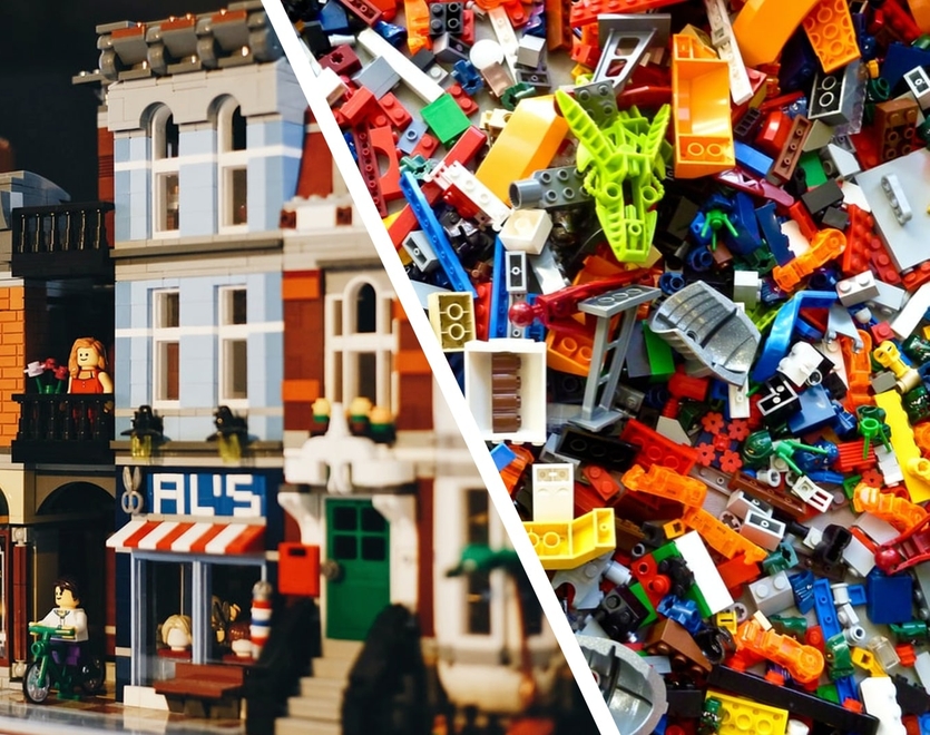 Two pictures showing how a set of random lego bricks can be changed into a beautiful lego construction