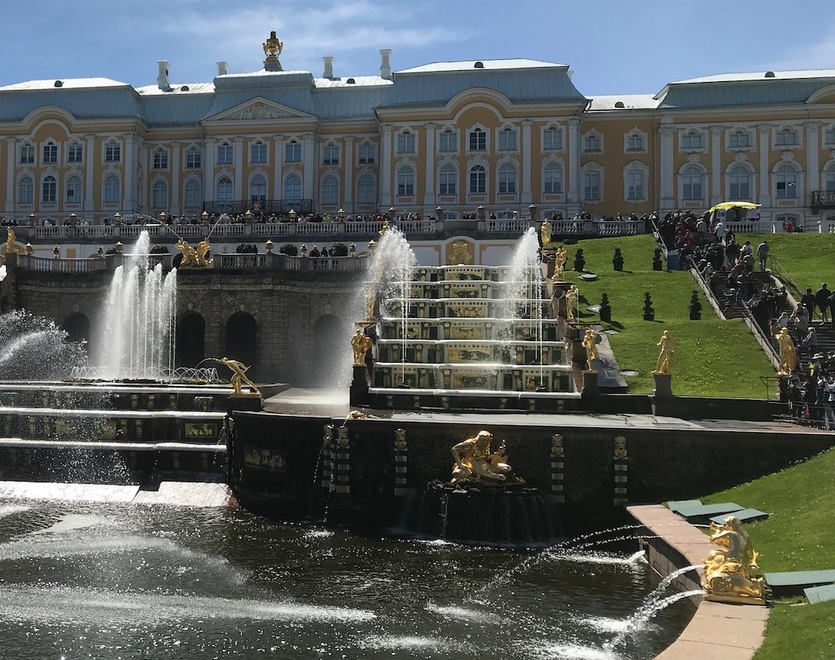 Fountain with gold elements in front of Peterhof Palace in St Petersburg.