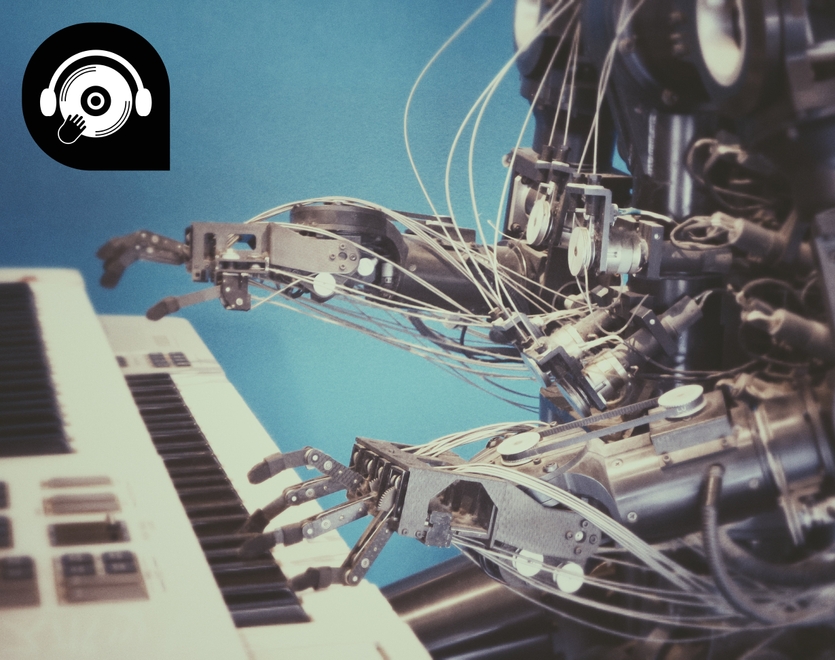 Robotic hands playing the piano, with the AEM Compose logo - a scratch record - in the corner
