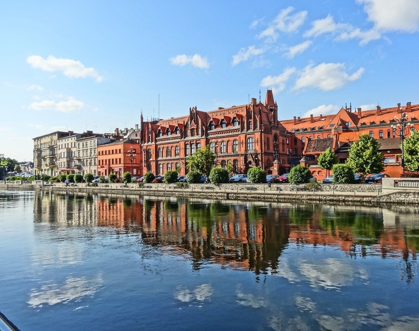 Main Post Office in Bydgoszcz, a picturesque, historical building on the northern bank of the Brda river