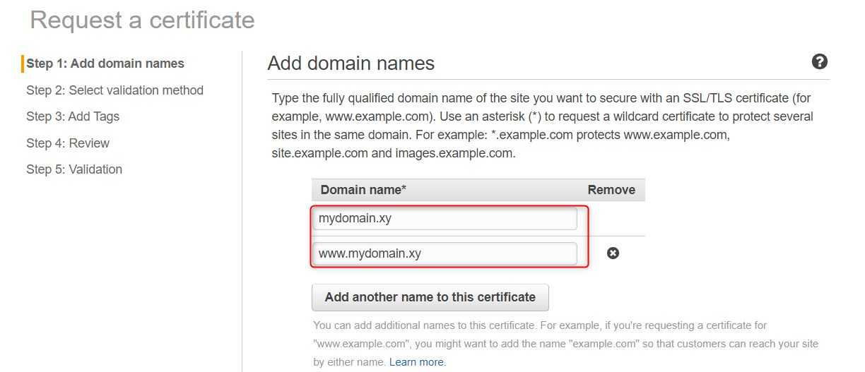 Instruction showing how to request a certificate in AWS