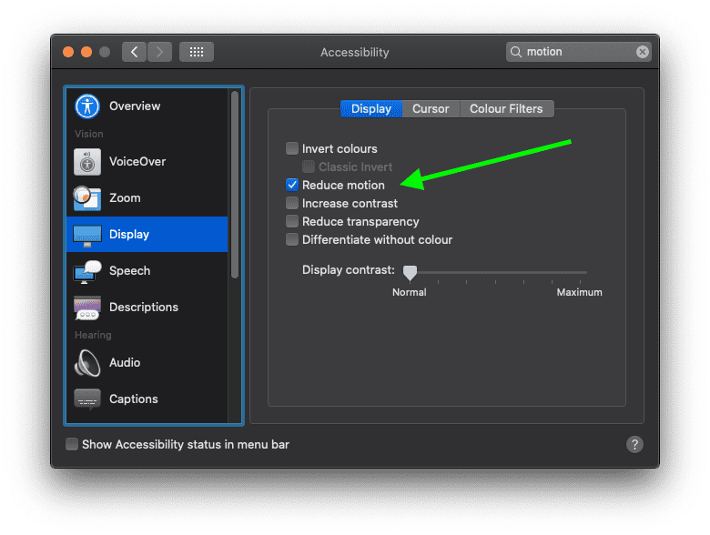 Mac OS accessibility menu showing Reduce motion setting
