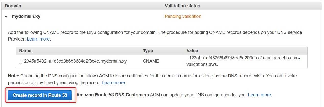 Instruction showing how to validate a certificate in AWS